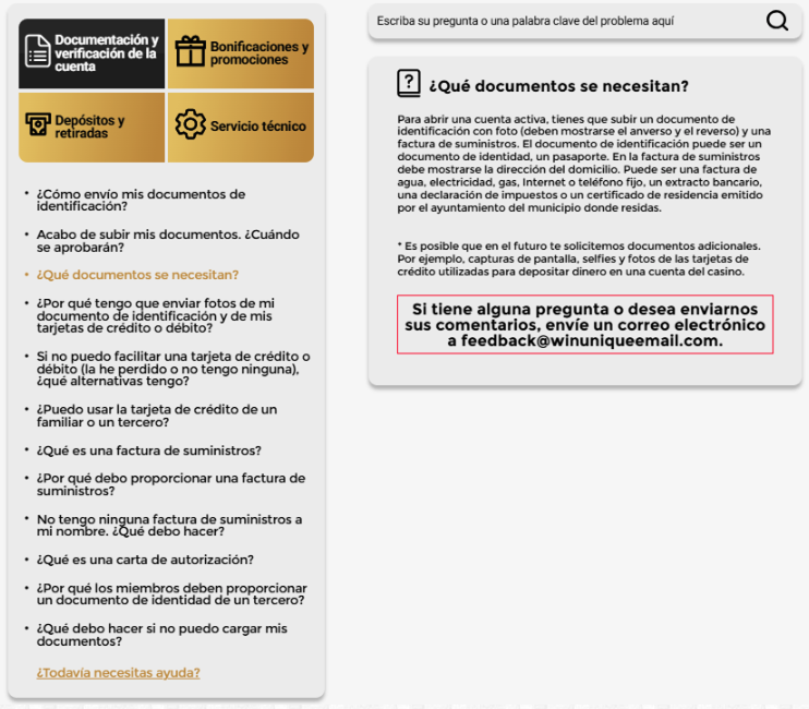 Centro de ayuda de WinUnique Casino mostrando requisitos de verificación de cuenta y documentos necesarios